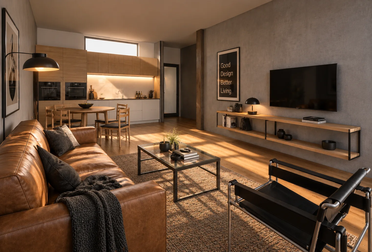 Zona giorno 2, render illustrativo