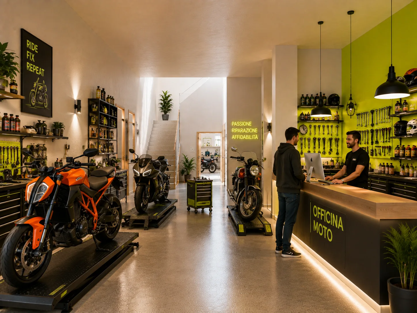 Officina e rivendita moto, render illustrativo