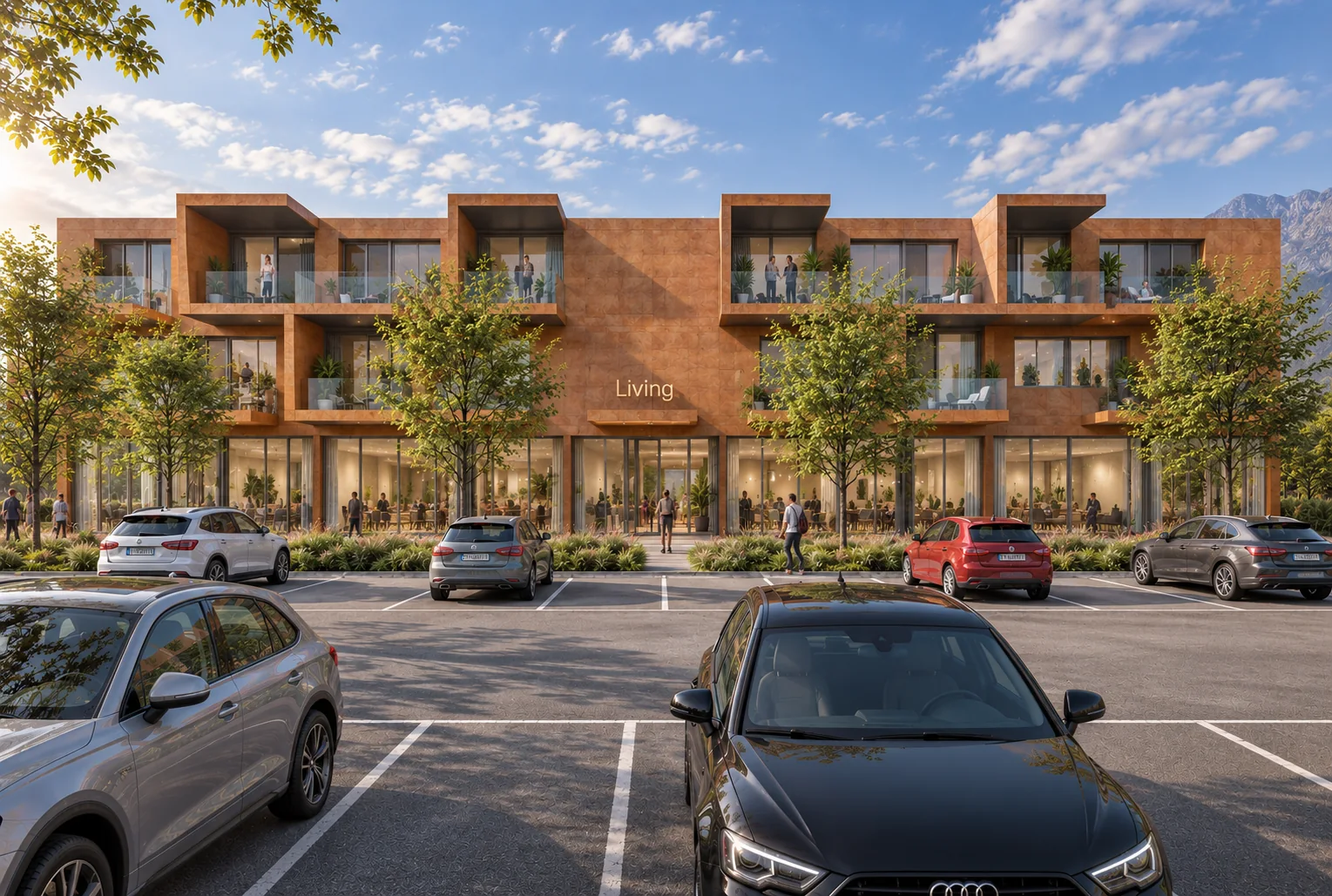 Render della vista posteriore: il fronte nord con le residenze ai piani superiori e i posteggi