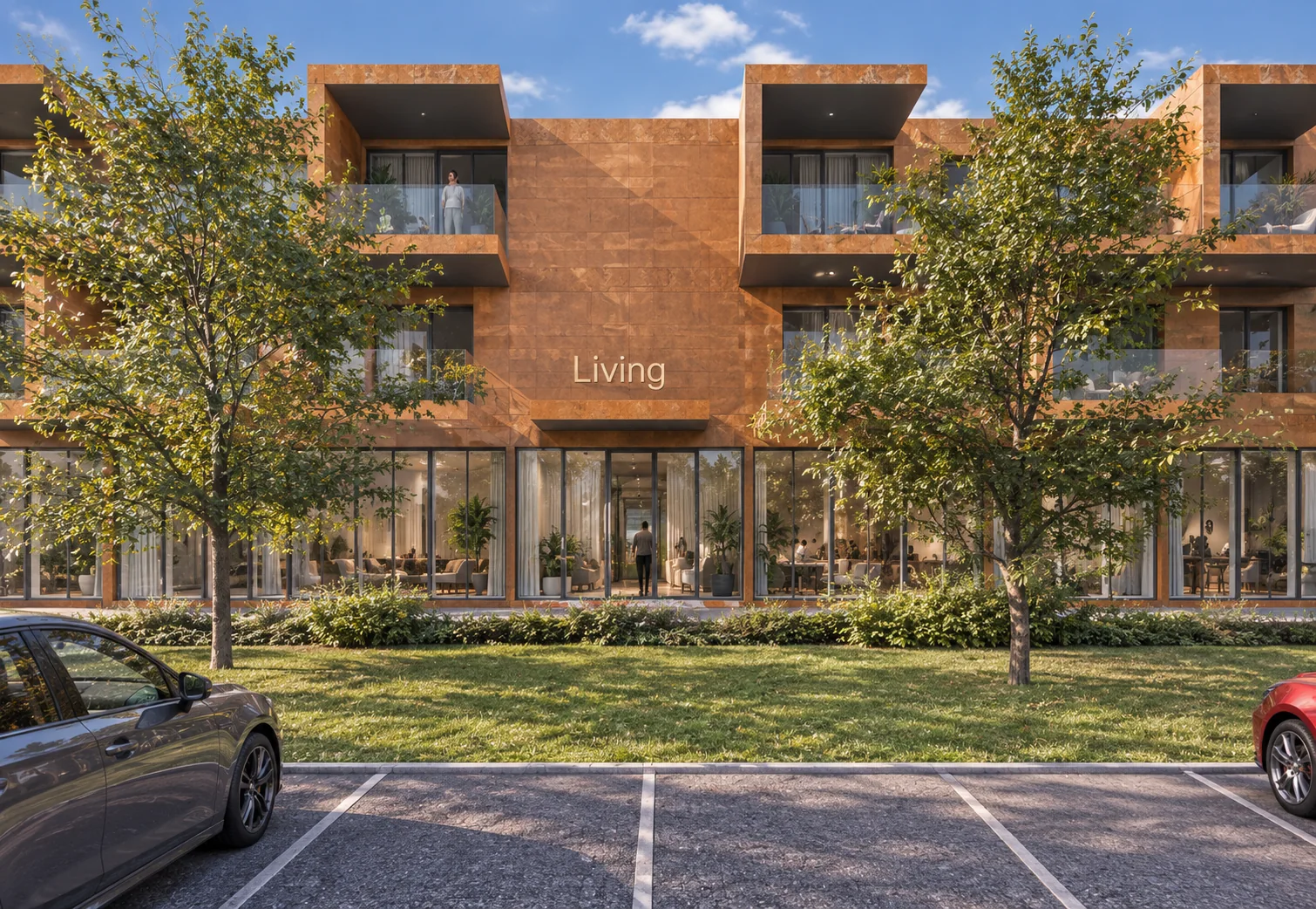 Render dell’ingresso Living tra il verde e i posteggi