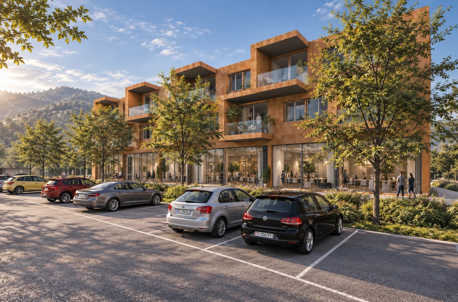 Render in prospettiva del fronte nord con terrazze e posteggi