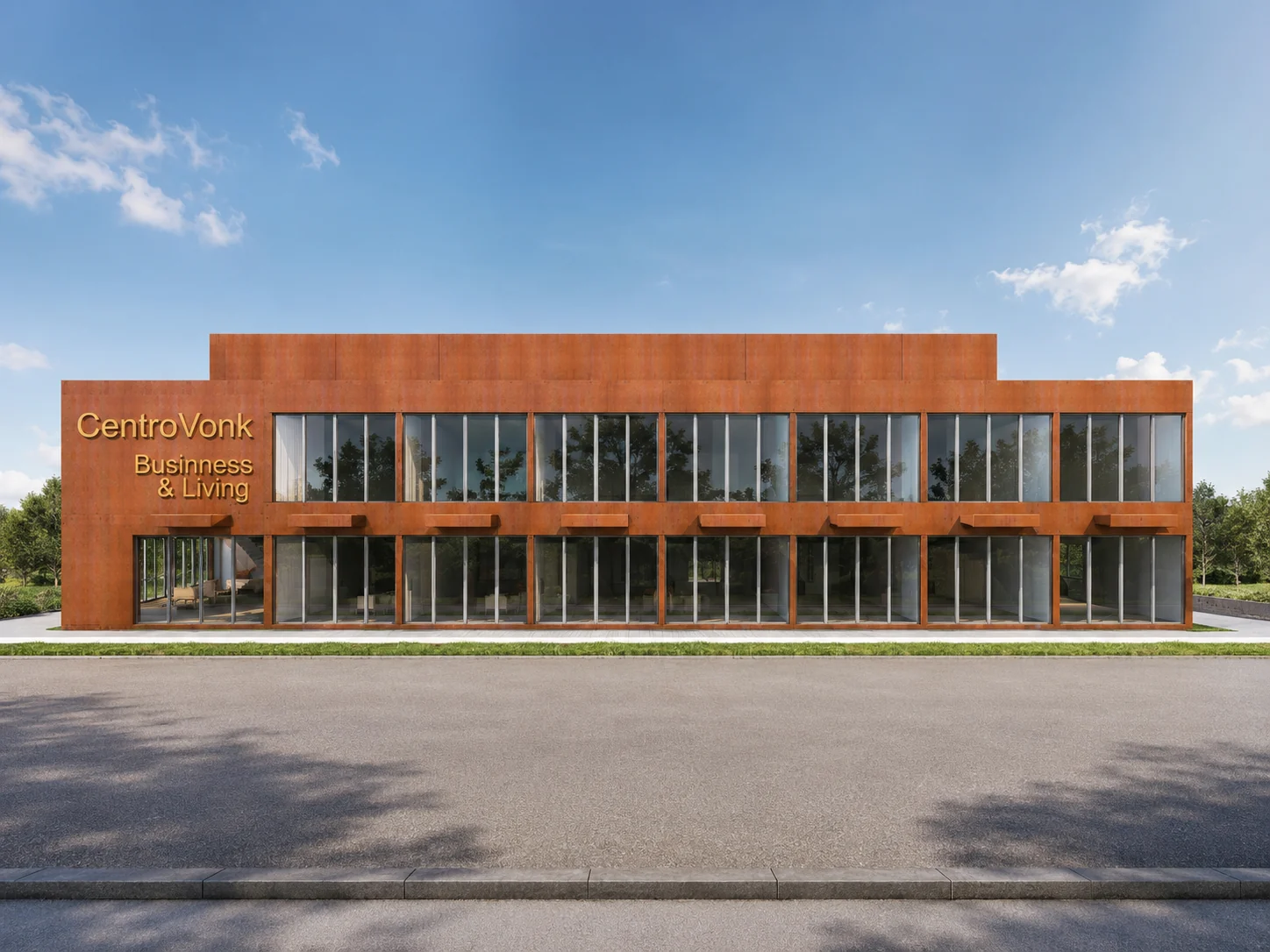 Render della vista frontale di CentroVonk: la facciata con l’insegna CentroVonk Business & Living e le grandi vetrate su due livelli