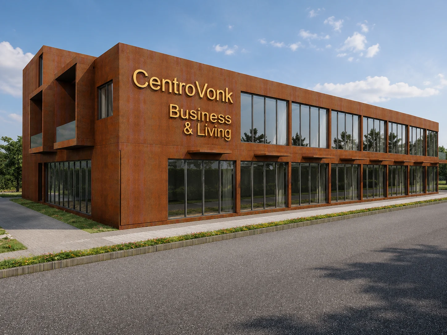 Render d’angolo della facciata principale e del lato sinistro, con l’insegna CentroVonk Business & Living