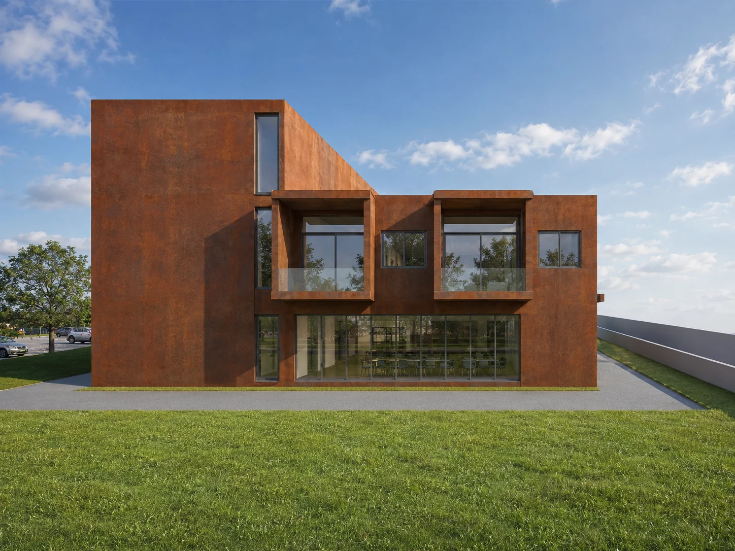 Render del lato sinistro dell’edificio con le terrazze delle residenze