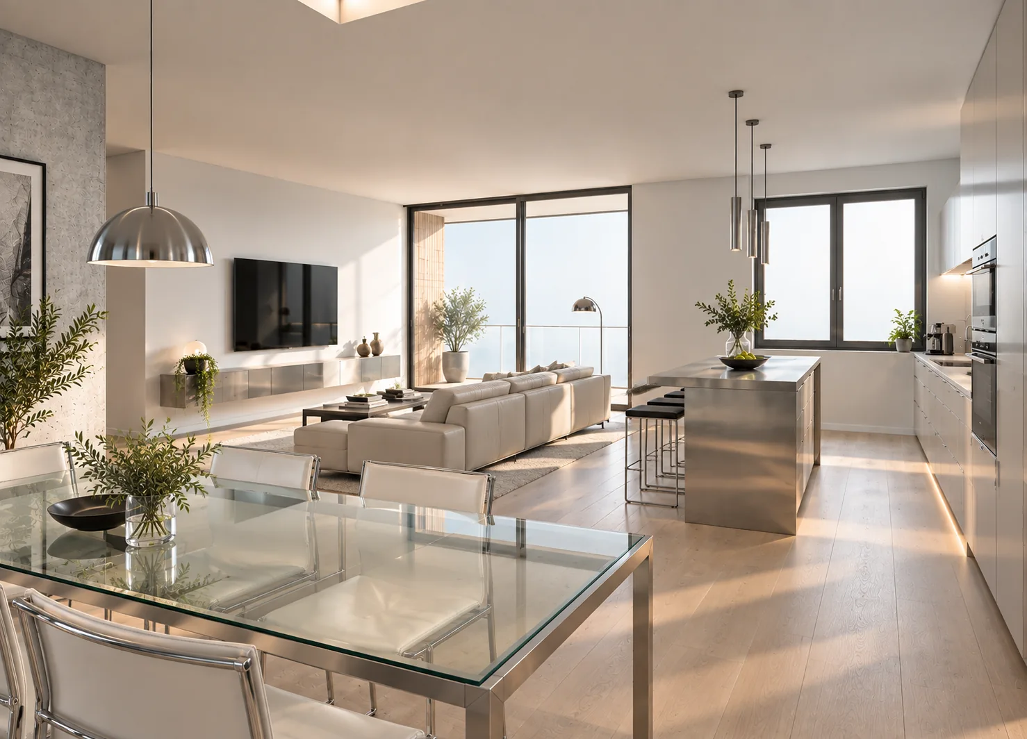 Render della zona giorno di un appartamento 4½ locali con cucina aperta e grandi vetrate