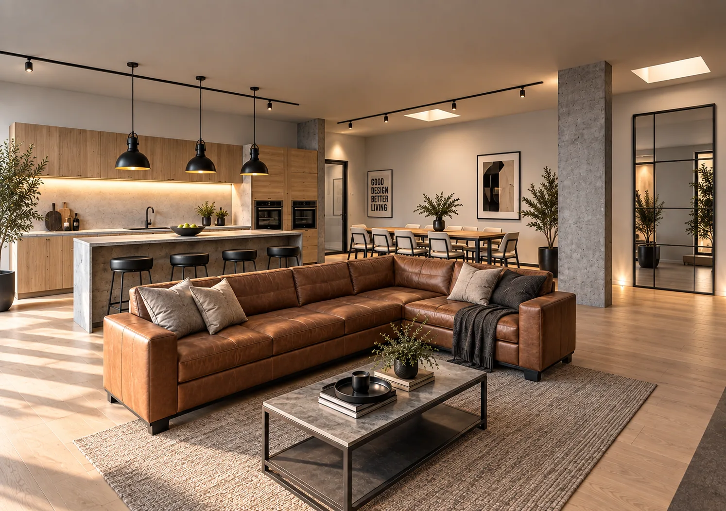 Zona giorno 1, render illustrativo