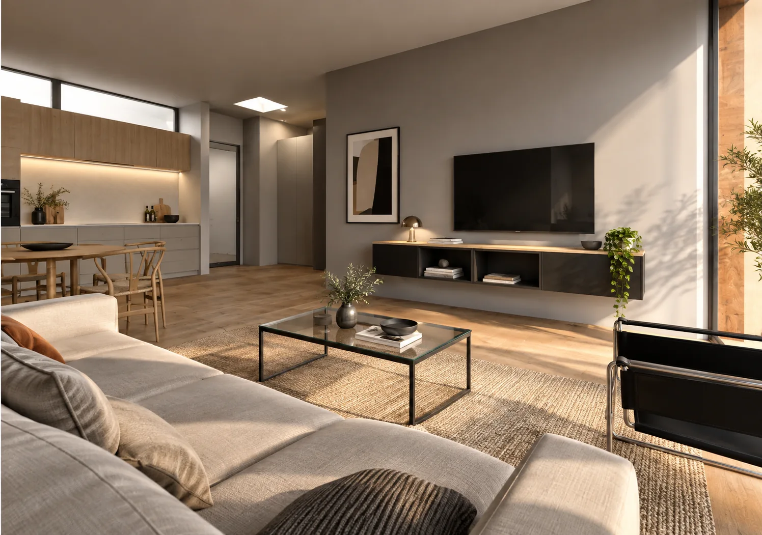 Zona giorno 2, render illustrativo